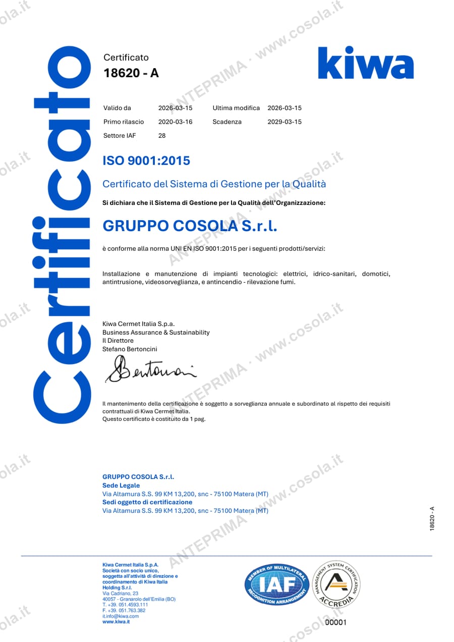 Anteprima del Certificato ISO 9001:2015 del Gruppo Cosola