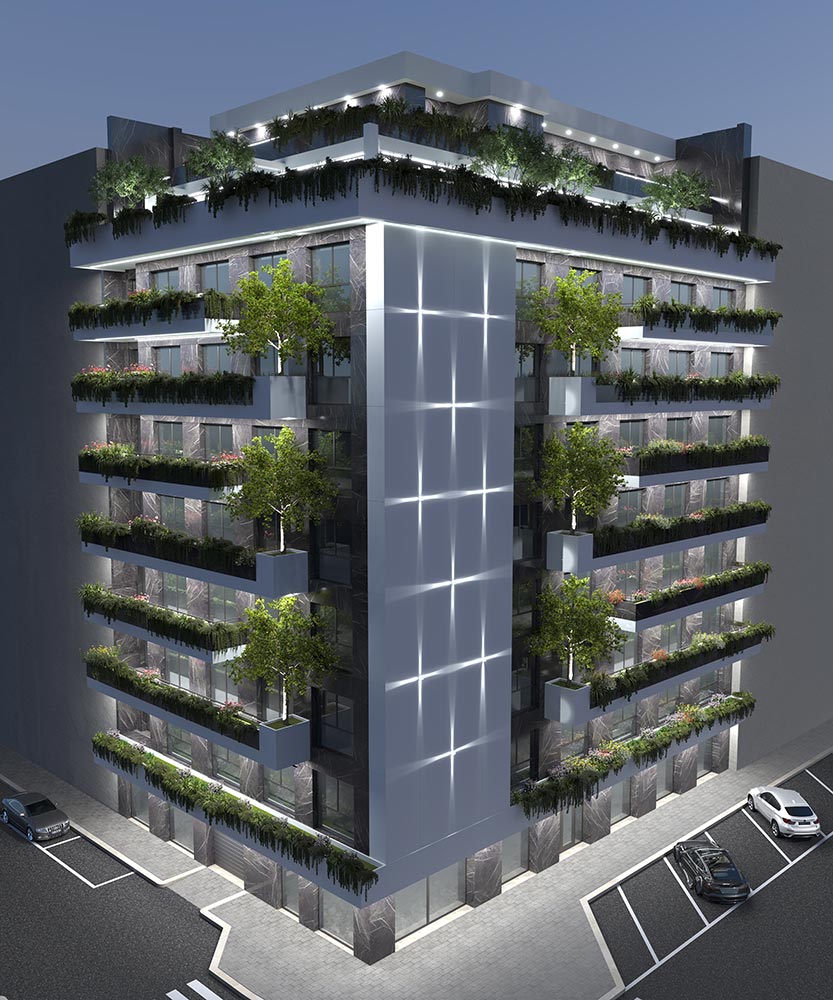 Melo149 Bari, render notturno dell'edificio