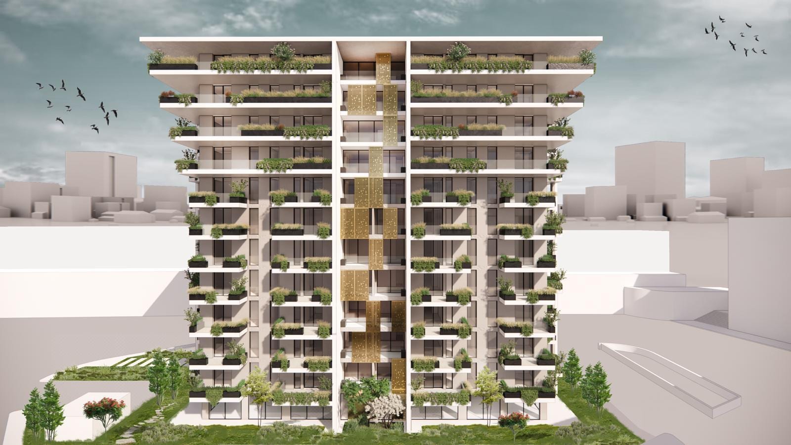 Residence Piazza Bianco, Matera — torre residenziale con giardino verticale, render